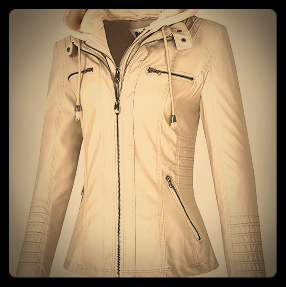 Faux leather jacket with detachable hoodie.